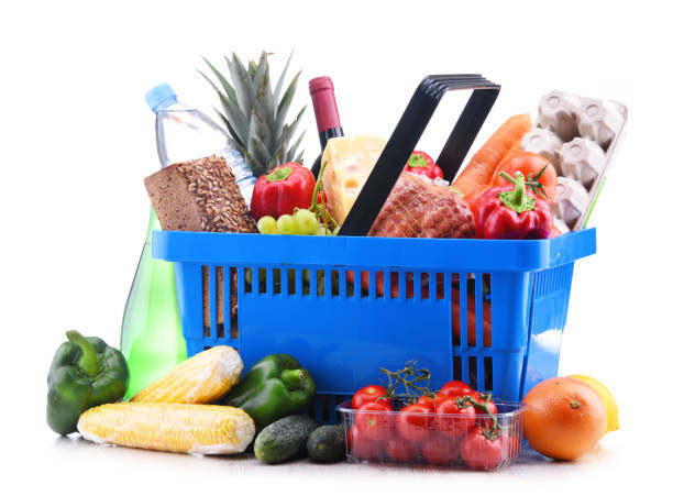 istock Plastic shopping basket with assorted grocery products 1160716285