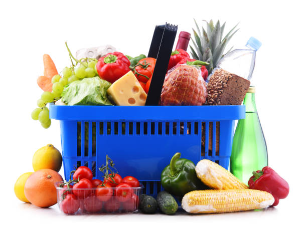 istock Plastic shopping basket with assorted grocery products 1160716294