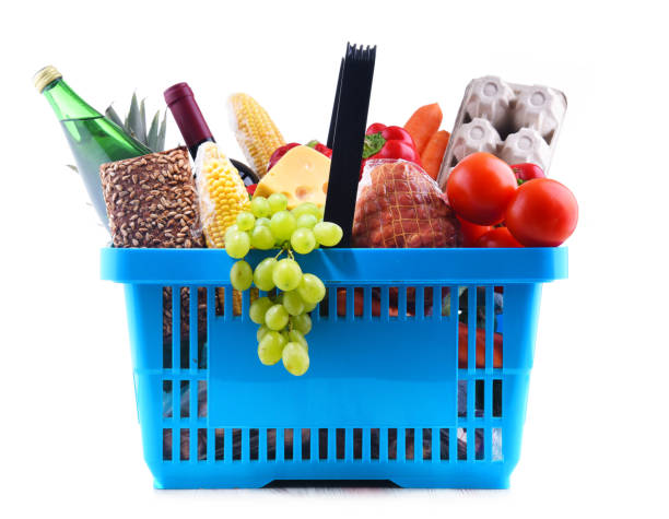 istock Plastic shopping basket with assorted grocery products 1160716321