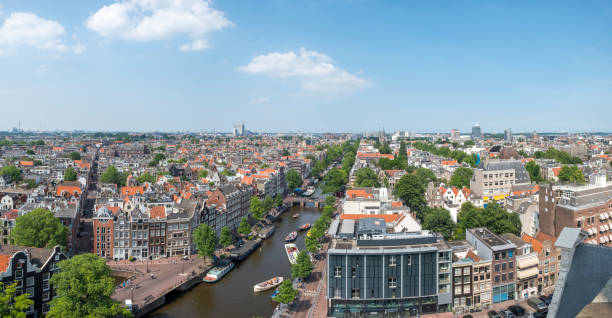 Panoramic view over springtime Amsterdam with the famous canals. View from the Westerkerk tower (West Church Tower).