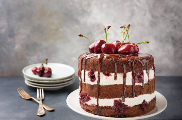 torta della foresta nera in modo moderno con ciliegie fresche. copiare lo spazio. schwartzwald torte. - dessert fruit torte red foto e immagini stock