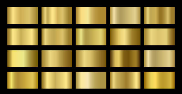 Gold Metallic, bronze, silver, chrome, copper metal foil texture gradient template Gold Metallic, bronze, silver, chrome, copper metal foil texture gradient template. Vector golden swatch set. Metallic gold gradient illustration gradation for backgrounds, banner, rings, ribbons brass stock illustrations