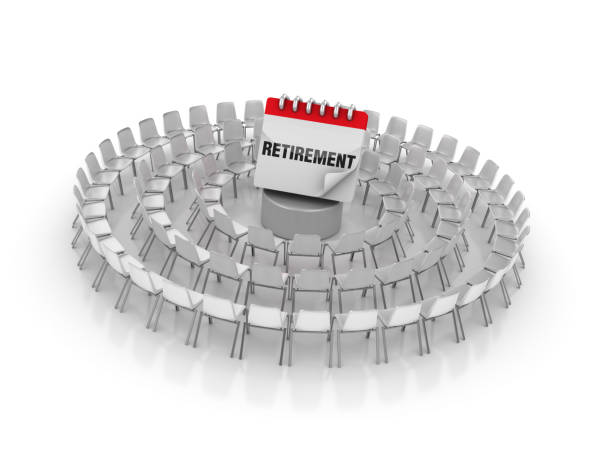 istock Circle of Chairs with RETIREMENT Calendar - 3D Rendering 1160717549