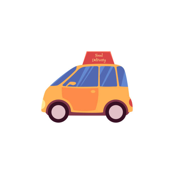 illustrations, cliparts, dessins animés et icônes de véhicule à moteur jaune ou orange avec le modèle de dessin animé de signe de livraison de nourriture - pizza pizza box cartoon take out food