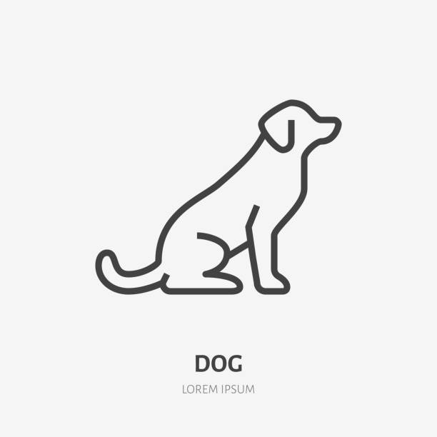 Sitting dog flat line icon. Vector thin sign of black puppy, animal logo. Pet shop outline illustration Sitting dog flat line icon. Vector thin sign of black puppy, animal logo. Pet shop outline illustration. dog sitting icon stock illustrations