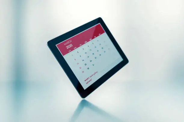 2019 monthly digital calendar: March. Horizontal composition with copy space. The calendar is red in color and isolated on white background.