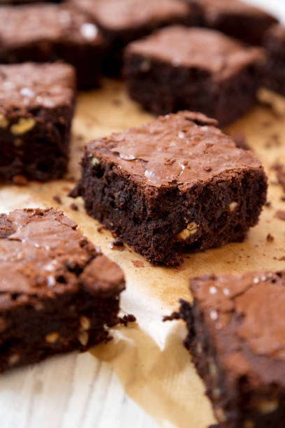 istock Homemade chocolate brownies on a baking sheet, side view. Close-up. 1160729415