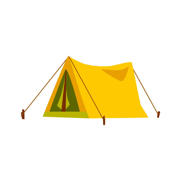 ilustraciones, imágenes clip art, dibujos animados e iconos de stock de tienda de viaje amarilla para la aventura del campamento de verano. - triangle square equipment work tool
