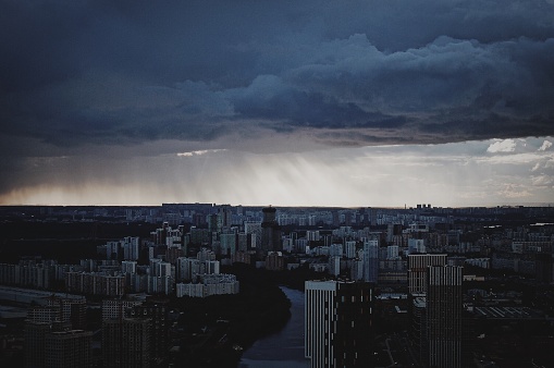 Moscow cityscape in rainy summer evening