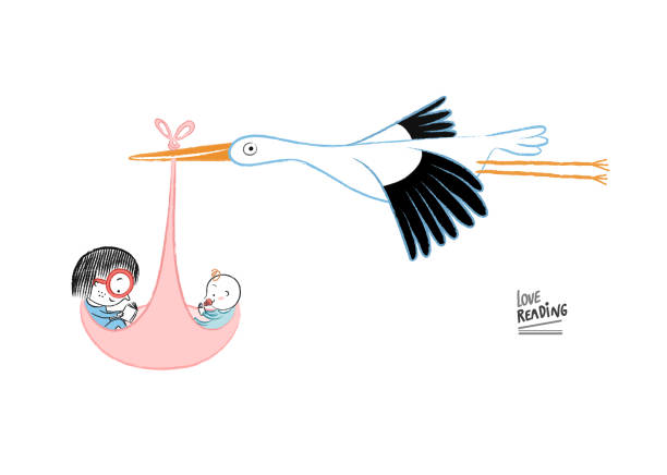 Girl reading Little girl reading with a newborn and a stork, vector illustration cartoon of bird with glasses stock illustrations