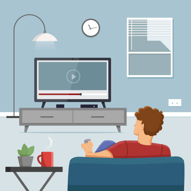 ilustrações de stock, clip art, desenhos animados e ícones de man watching tv - contemporary indoors lifestyles domestic room