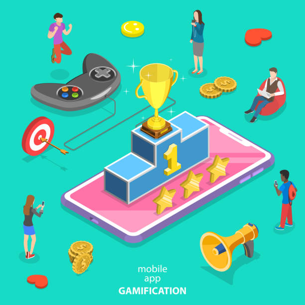 Isometric flat vector concept of interactive content for audience engaging. Isometric flat vector concept of interactive content for audience engaging, mobile app gamification, encouraging customers to earn rewards. gamification badge stock illustrations
