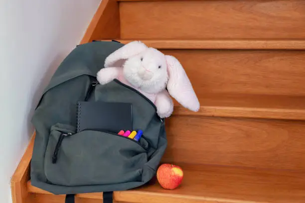 Photo of School bag with cuddly toy, supplies and lunch