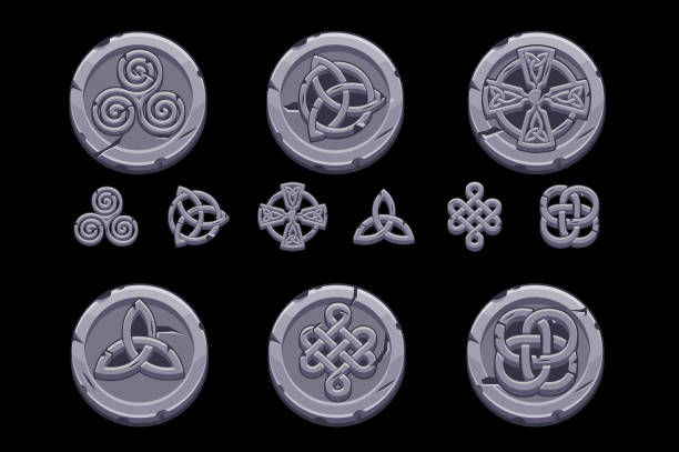 Celtic symbols. Cartoon set celtic icons on stone coin Celtic symbols. Cartoon set celtic icons on stone coin. Objects on separate layers. celtic cross stock illustrations