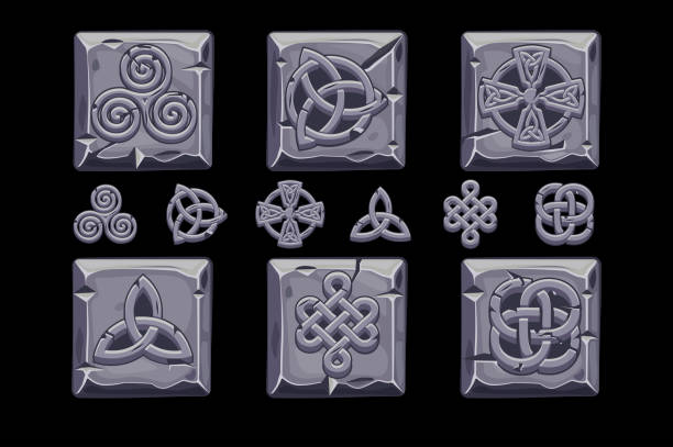istock Celtic symbols. Cartoon set celtic icons on stone square 1160740267
