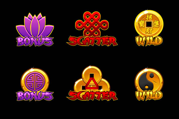 Chinese slots icons. Vector icons wild, bonus and scatter. For game, slots, game development. Chinese slots icons. Vector icons wild, bonus and scatter. For game, slots, game development.. Symbols on a separate layer poker card tattoos stock illustrations