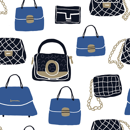 Fashion bags and clutch seamless pattern. Colorful doodle sketchy style. Stylish fashion accessories background. Perfect for textile, fabric, print. - vector