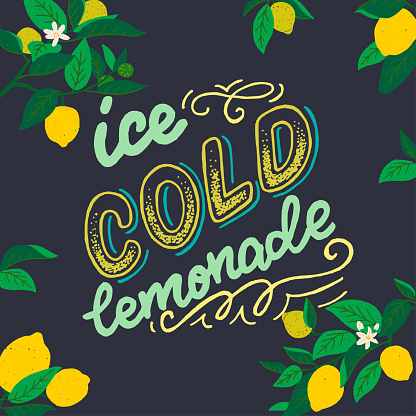 Hand drawn colourful lettering sign Ice Cold Lemonade with frame of flat style citrus leaves, fruits and flowers. Summer mood inscription decorated with twirls on chalkboard. Script for banner, menu