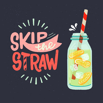 Skip the Straw slogan for eco friendly cafe, shop, store, food court. Colourful hand drawn lettering message with flat style glass bottle on dark background. Zero waste calling. Vector illustration