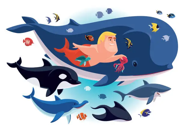 Vector illustration of merman gathering with whale and friends