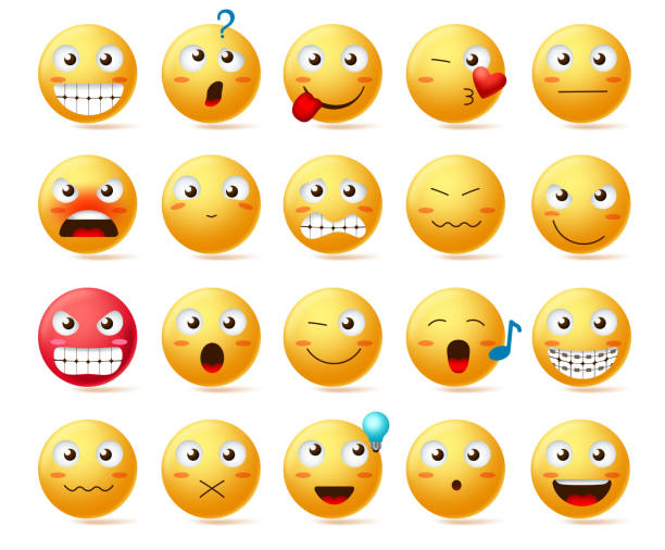 Emoji vector icon set. Smiley face or yellow emoticons with various facial expression Emoji vector icon set. Smiley face or yellow emoticons with various facial expression like angry face, smiling teeth and confused isolated in white background. Vector illustration. flat thinking emoji stock illustrations