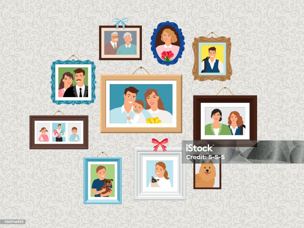 Family frames set. People portrait pictures, faces photoportraits on wall with kids and dog, wife and grandparents Family frames set. People portrait pictures, faces photoportraits on wall with kids and dog, wife and grandparents vector illustration Picture Frame stock vector