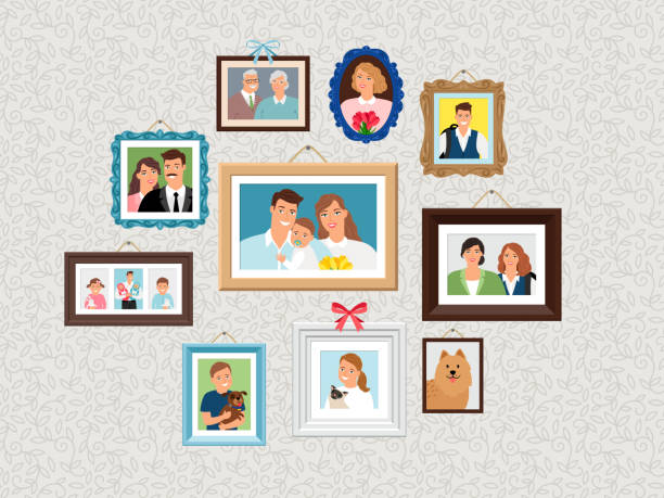Family frames set. People portrait pictures, faces photoportraits on wall with kids and dog, wife and grandparents Family frames set. People portrait pictures, faces photoportraits on wall with kids and dog, wife and grandparents vector illustration gallery picture frames wall set pictures stock illustrations