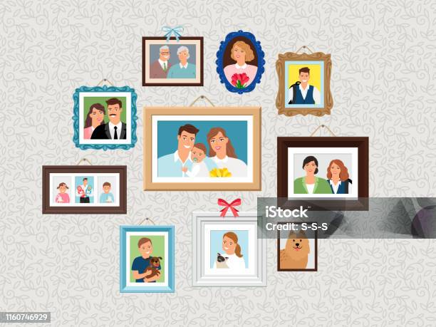Family Frames Set People Portrait Pictures Faces Photoportraits On Wall With Kids And Dog Wife And Grandparents Stock Illustration - Download Image Now