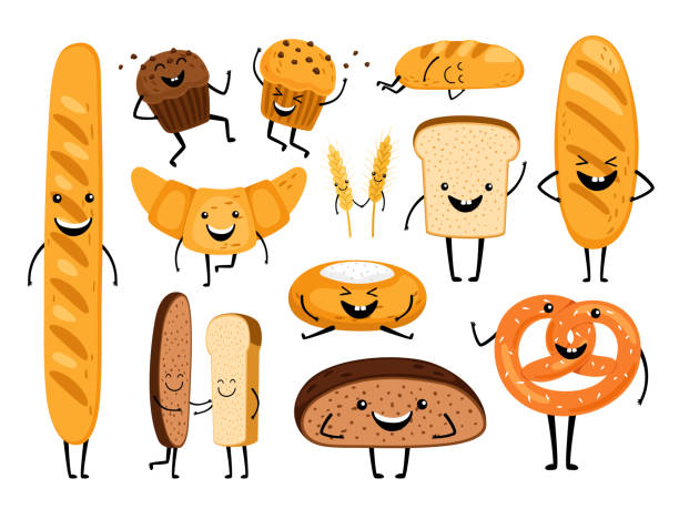 znaki chleba. śmieszne smaczne wypieki piekarnicze, kreskówka szczęśliwy chleb twarze zestaw znaków, rogaliki kawaii i ciasta, cute muffin czekolady i ekspresji bagietki - baguette stock illustrations