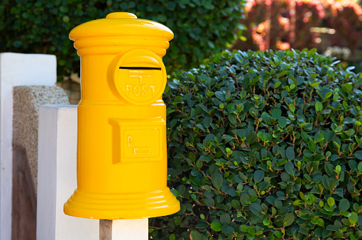 Yellow post box in green garden. Decorative postbox closeup photo. Vintage mail box and green hedge. Colorful garden in traditional english style. Summer outdoor landscape with mailbox