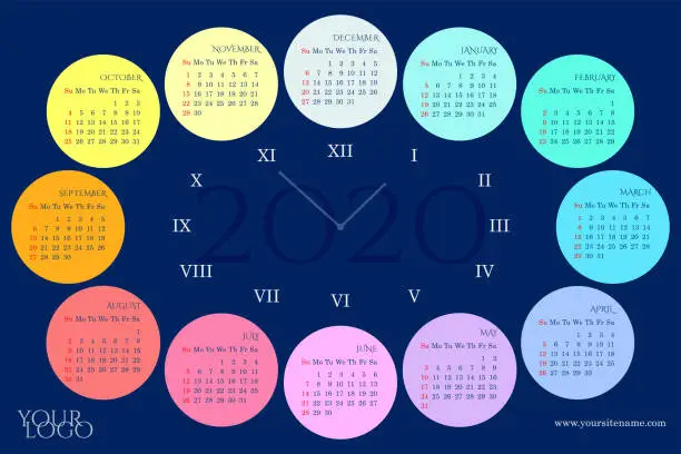 Vector illustration of Wall calendar of 2020 in the form of a dial with rainbow months, days of the week, Roman numerals.