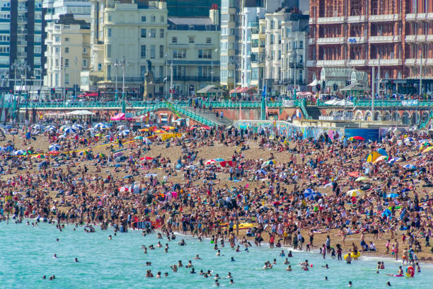 großbritannien 29. juni 2019 brighton beach, brighton and hove, east sussex, england. tausende von menschen entspannen an der sonne. - hove stock-fotos und bilder