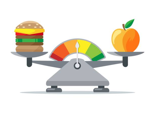 ilustrações, clipart, desenhos animados e ícones de escalas de comer da mulher - weight scale apple comparison balance