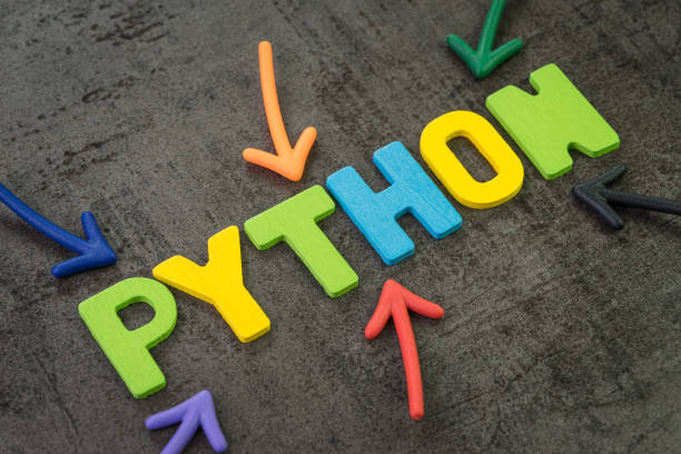 Python modern programming language for software development or application concept, multi color arrows pointing to the word Python at the center of black cement chalkboard wall Python modern programming language for software development or application concept, multi color arrows pointing to the word Python at the center of black cement chalkboard wall. python programming language photos stock pictures, royalty-free photos & images