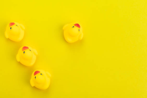 istock Row of yellow cute rubber ducks with one facing in a different direction on solid yellow background using as unique, difference or change for new opportunity or success 1160752123