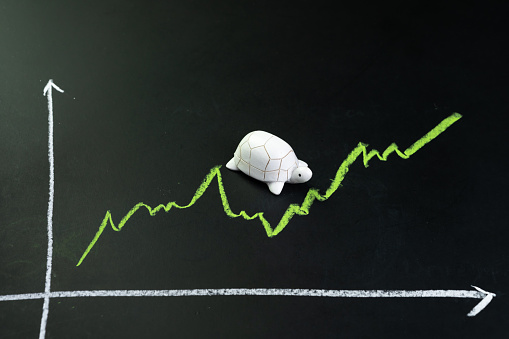 Slow but stable investment or low fluctuate stock market concept, miniature figure turtle or tortoise walking on chalkboard with drawing green price line graph of stock market value.