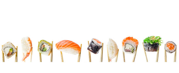 Seamless pattern with sush Seamless pattern with sushi. Food abstract background. Flying sushi, sashimi and rolls isolated on the white background. chopsticks photos stock pictures, royalty-free photos & images