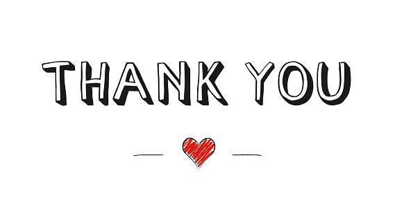 Hand lettering thank you with cute little red doodle heart quote