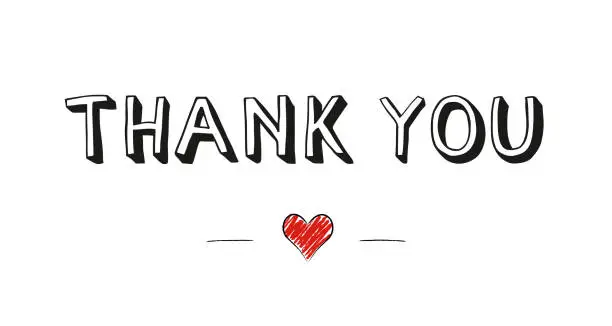 Photo of Thank you handwritten text with cute little red doodle heart
