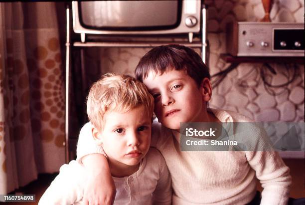 Brothers At Home In The Seventies Stock Photo - Download Image Now - Photography, Retro Style, Family