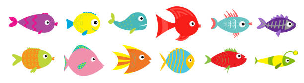 Cute cartoon fish icon set line. Sea ocean animal. Baby kids collection. Flat design. White background. Isolated. Cute cartoon fish icon set line. Sea ocean animal. Baby kids collection. Flat design. White background. Isolated. Vector illustration cartoon of fish with lips stock illustrations