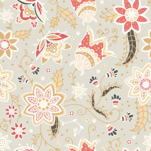 illustrazioni stock, clip art, cartoni animati e icone di tendenza di creativo motivo floreale senza cuciture con fiori doodle astratti, sfondo vintage in beige, rosso e giallo naturale - ottimo per stampe di moda, tessuti, banner, sfondi, design vettoriale della superficie - flower backgrounds paisley flourish