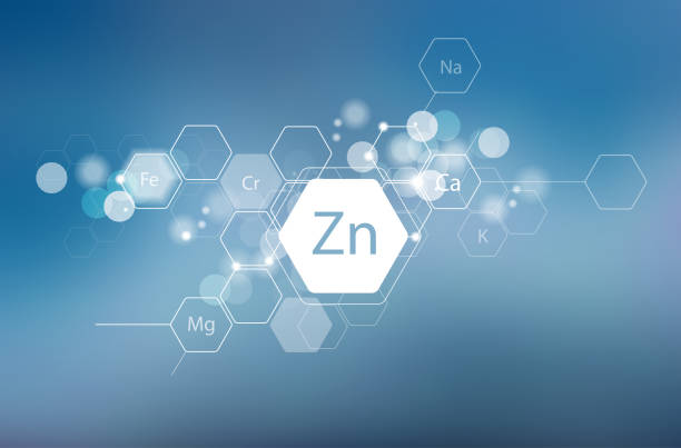 Zinc and other essential minerals Zinc and other essential minerals for human health. Abstract composition in modern style. Scientific research, medicine. Schematic designation of zinc. zinc stock illustrations