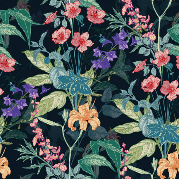 Seamless Hand Drawn Vintage Pattern With Detailed Flowers And Herbs On Dark  Background Colored Graphic Decoration For Paper Textile Wrapping Decoration  Scrapbooking Tshirt Cards Stock Illustration - Download Image Now - iStock