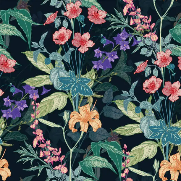 Vector illustration of Seamless hand drawn vintage pattern with detailed flowers and herbs on dark background. Colored graphic decoration for paper, textile, wrapping decoration, scrap-booking, t-shirt, cards.