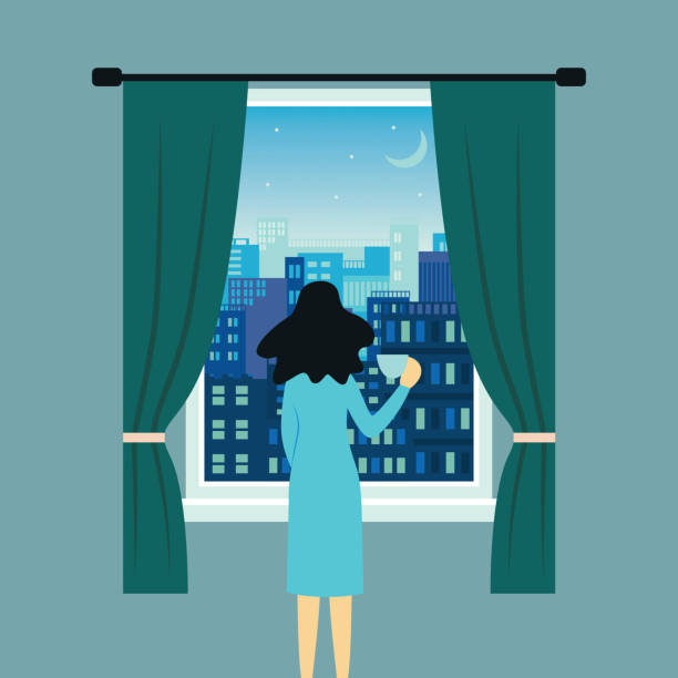 Woman or girl near open window with landscape view of city vector illustration. Woman or girl standing and holding a cup near open window with landscape view of city skyline buildings vector illustration banner template. Rest and relaxation concept. looking at view illustrations stock illustrations