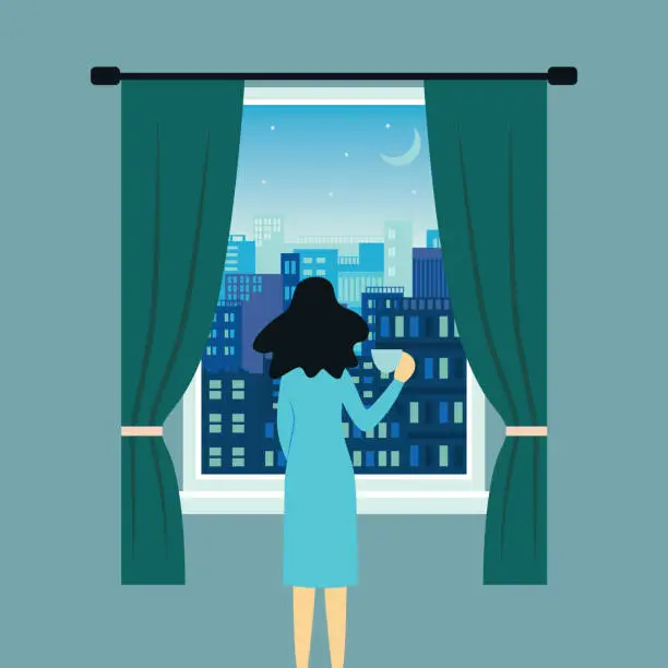 Vector illustration of Woman or girl near open window with landscape view of city vector illustration.