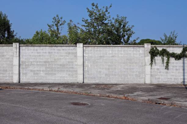 istock Cinder block wall with a sidewalk and a street in front. 1160760283