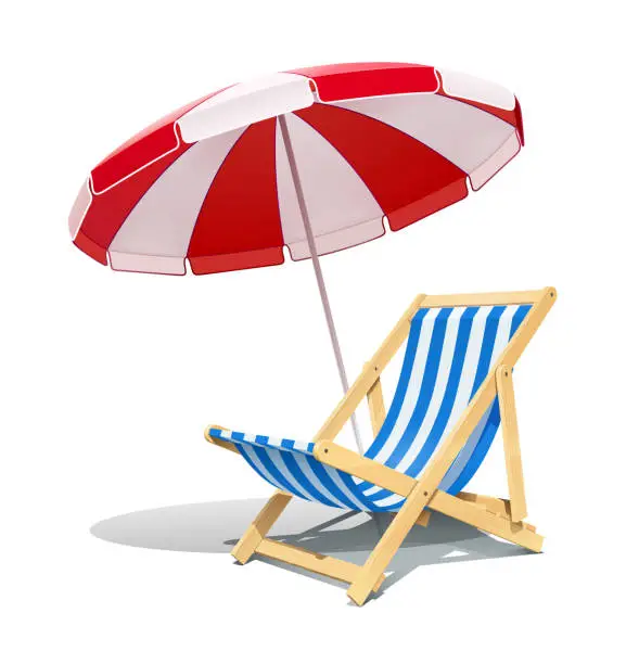 Vector illustration of Beach chaise longue and sunshade for summer rest. Vector illustration.