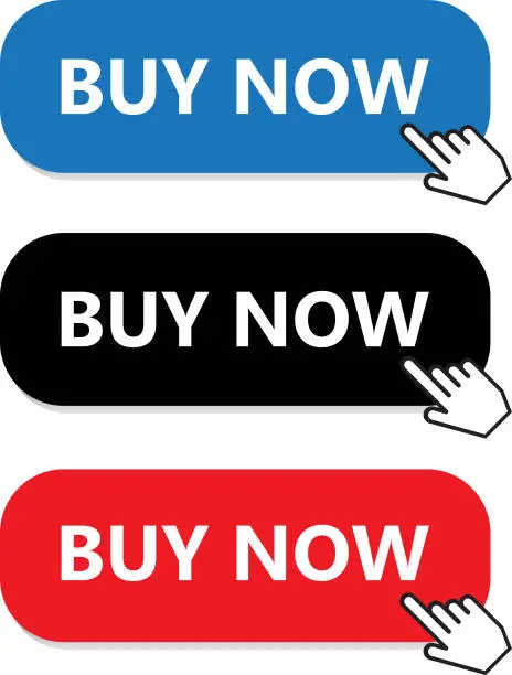 Vector illustration of Buy Now Button Collection With Hand Pointer